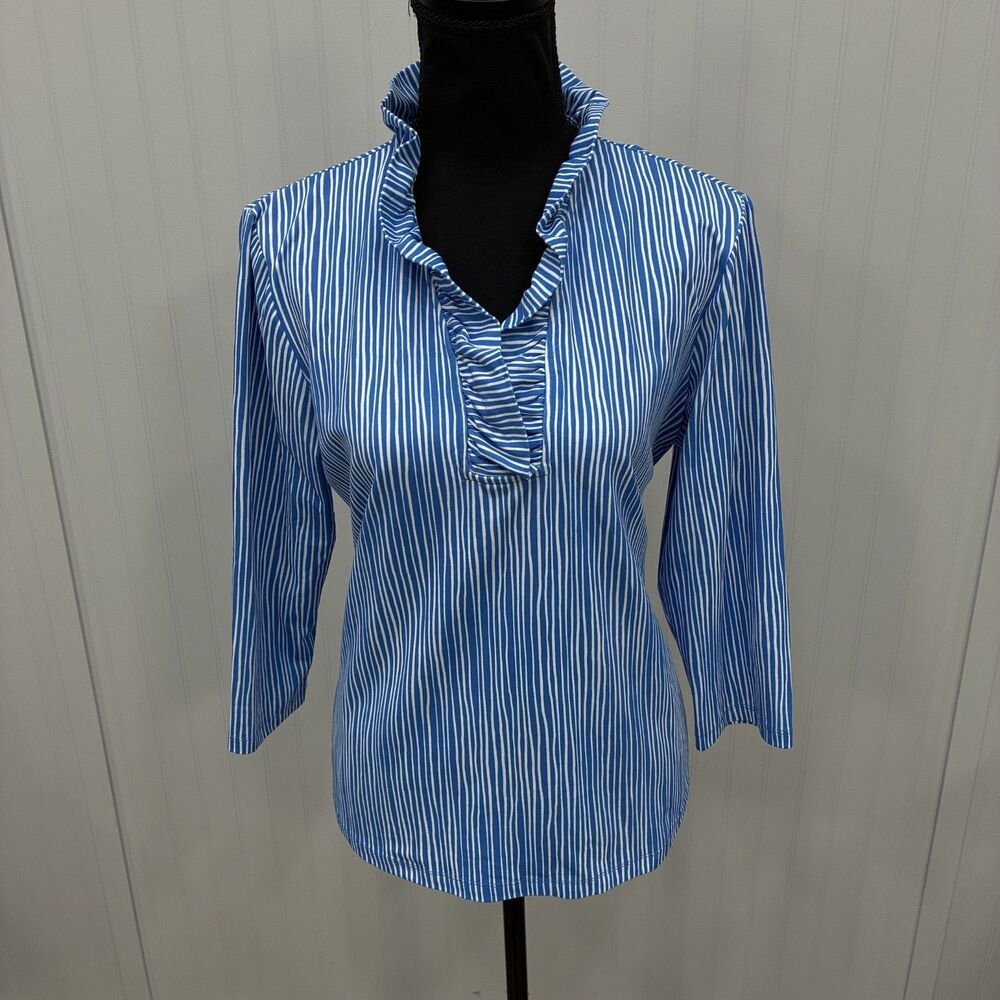 J. Mclaughlin Women's XL Blue Striped Ruffle V-Neck Blouse Quiet Luxury Stretch